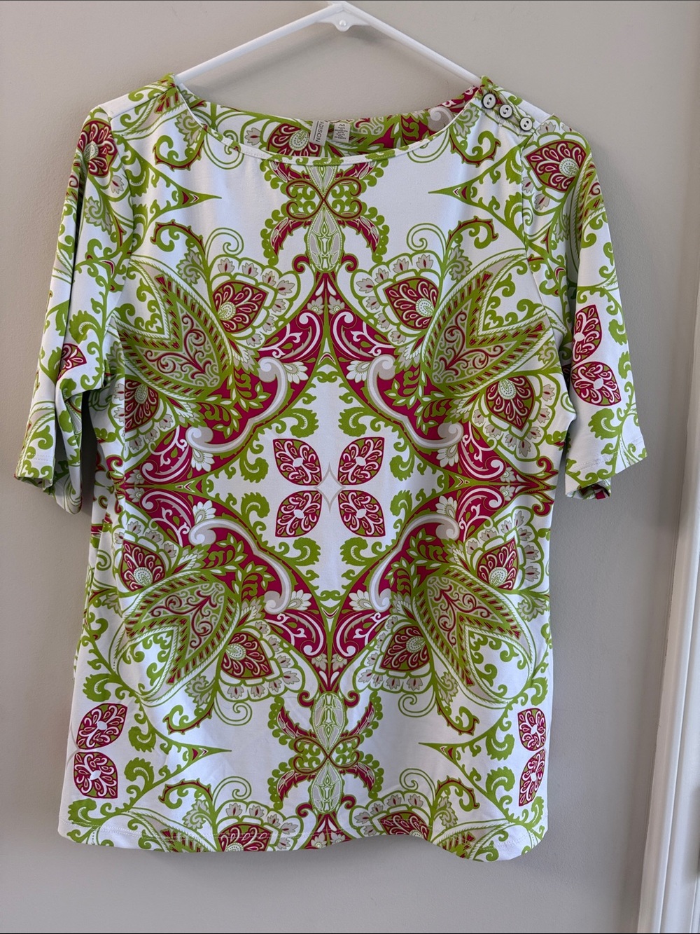 Madison Short-Sleeve Top in White with Pink & Green Pattern